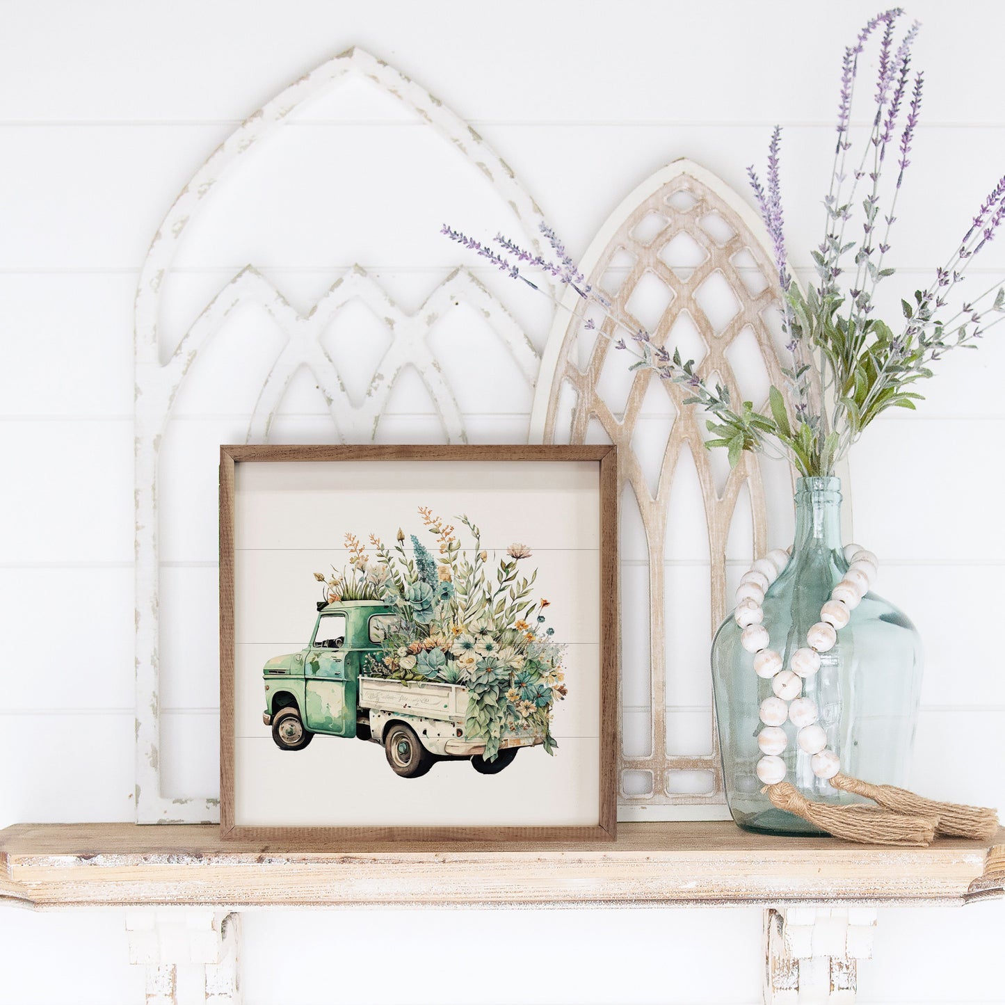 Green Truck With White Box Flowers Back View