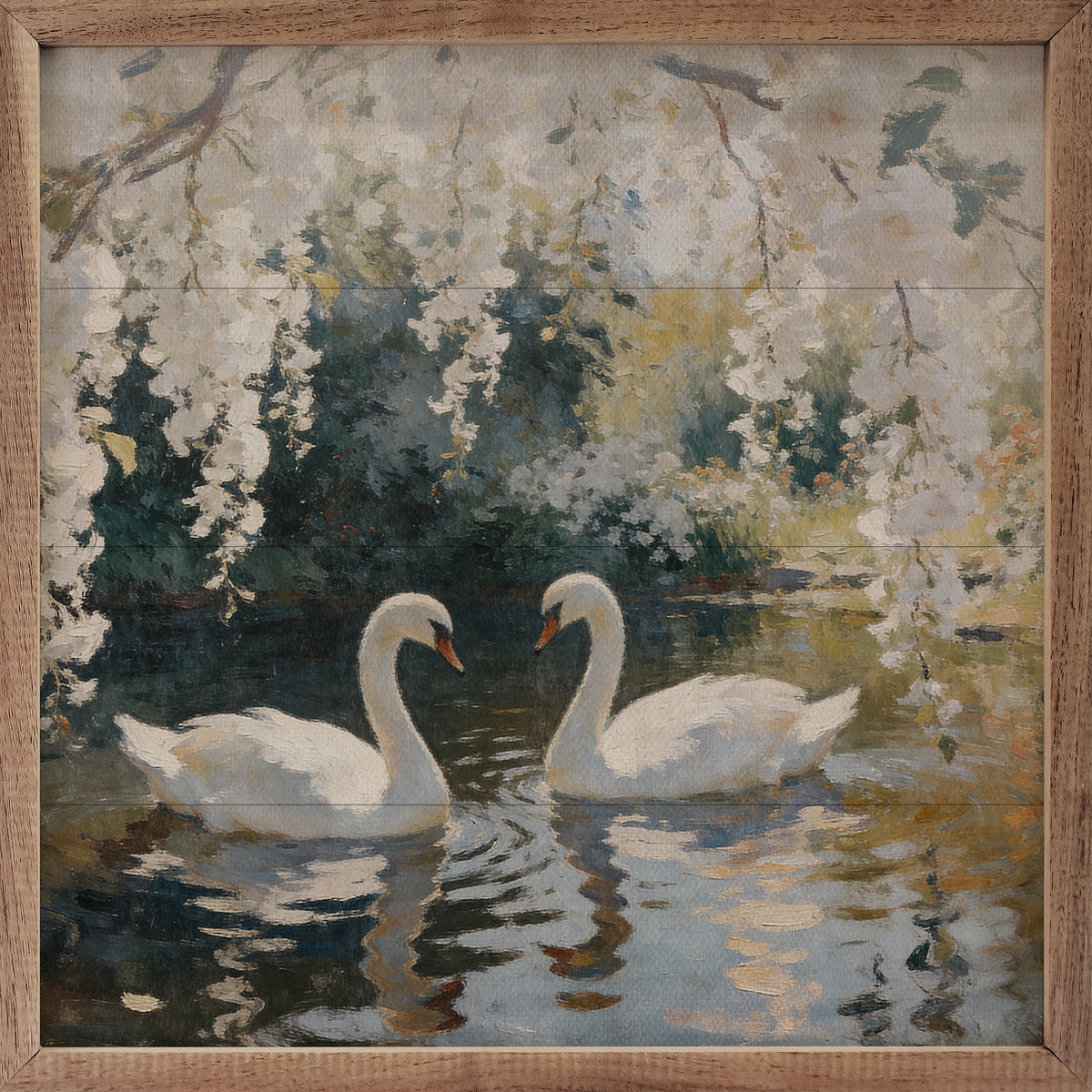 Pair Of Swans Beneath Blooming Trees