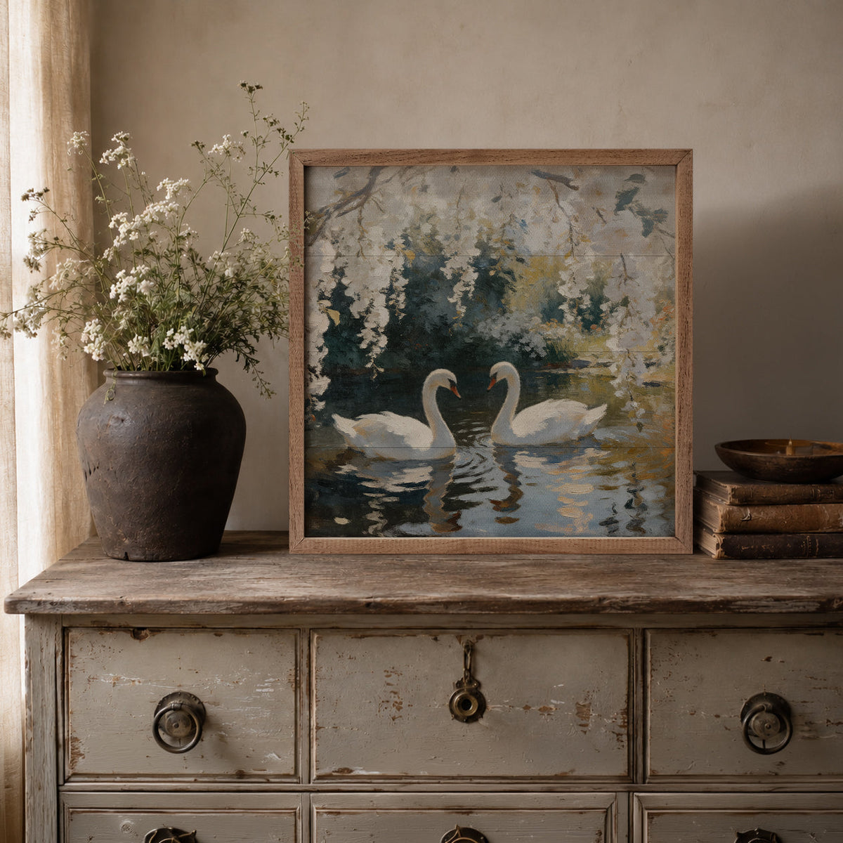 Pair Of Swans Beneath Blooming Trees