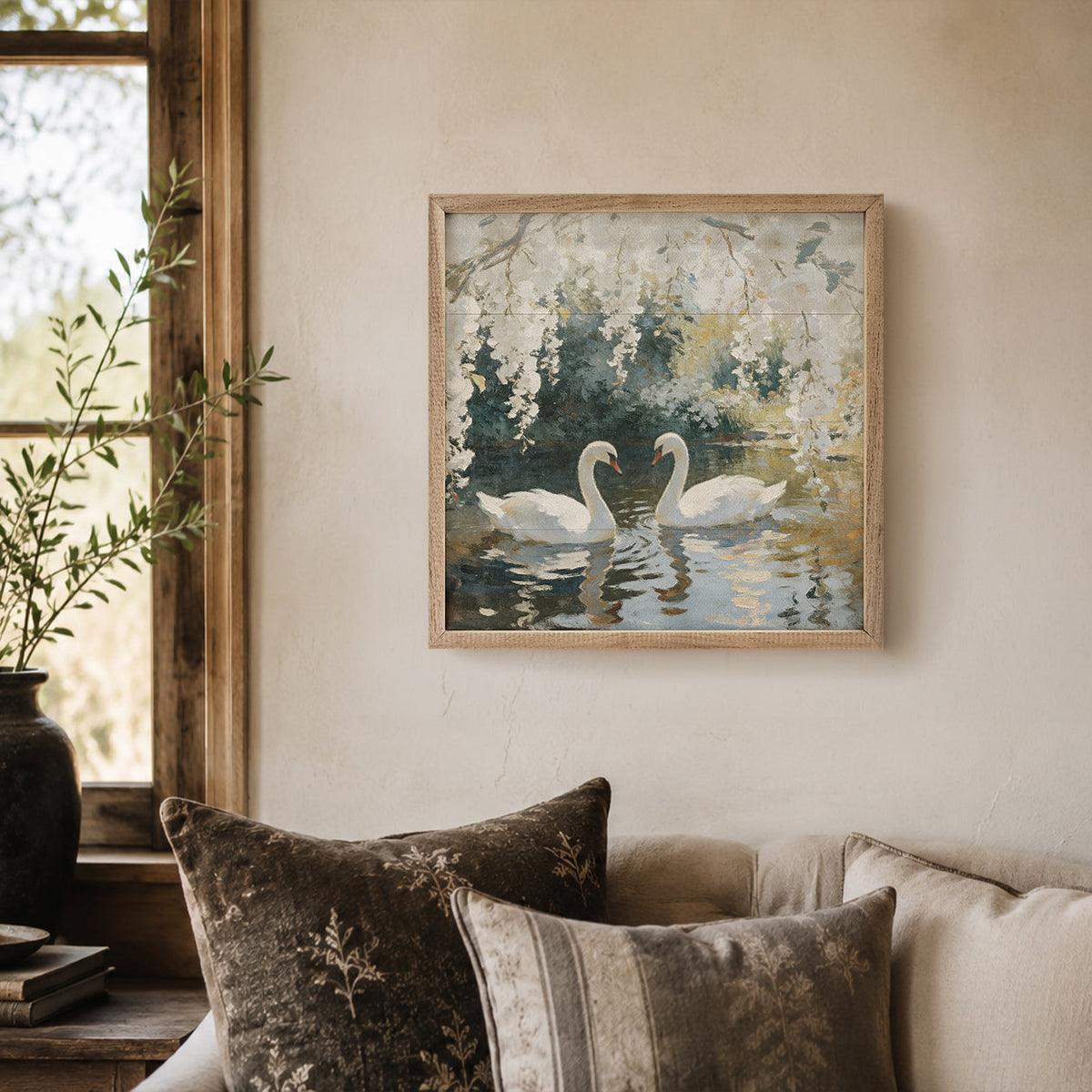Pair Of Swans Beneath Blooming Trees