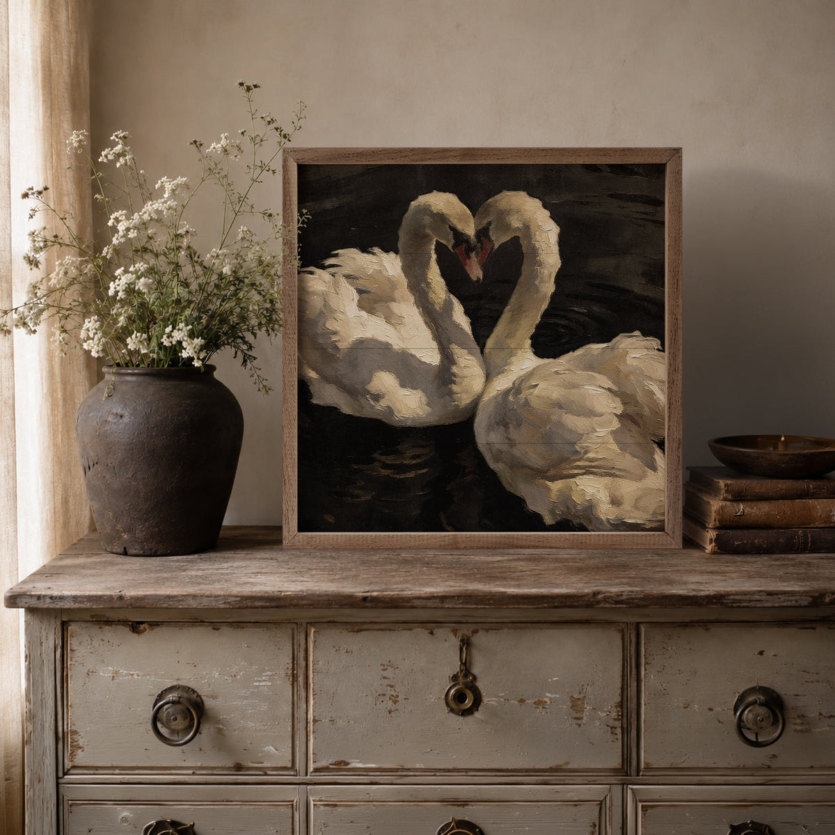 Romantic White Swans On Still Water