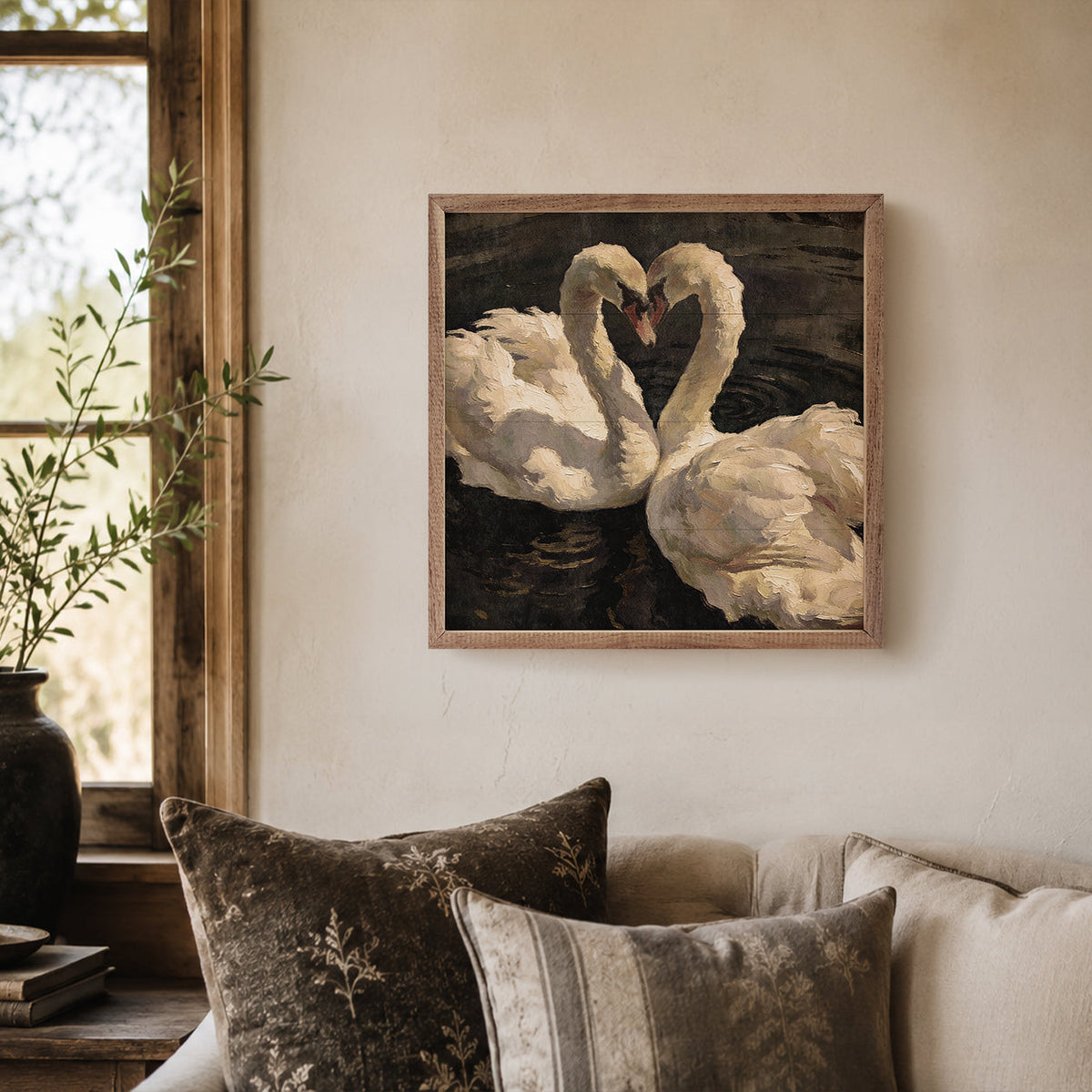 Romantic White Swans On Still Water