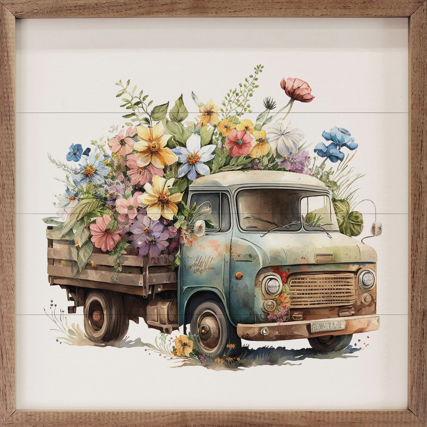 Rusty Green Truck With Flowers Front View