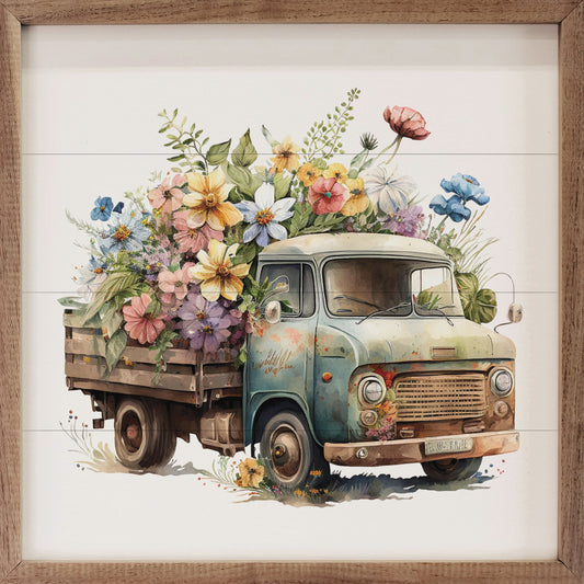 Rusty Green Truck With Flowers Front View