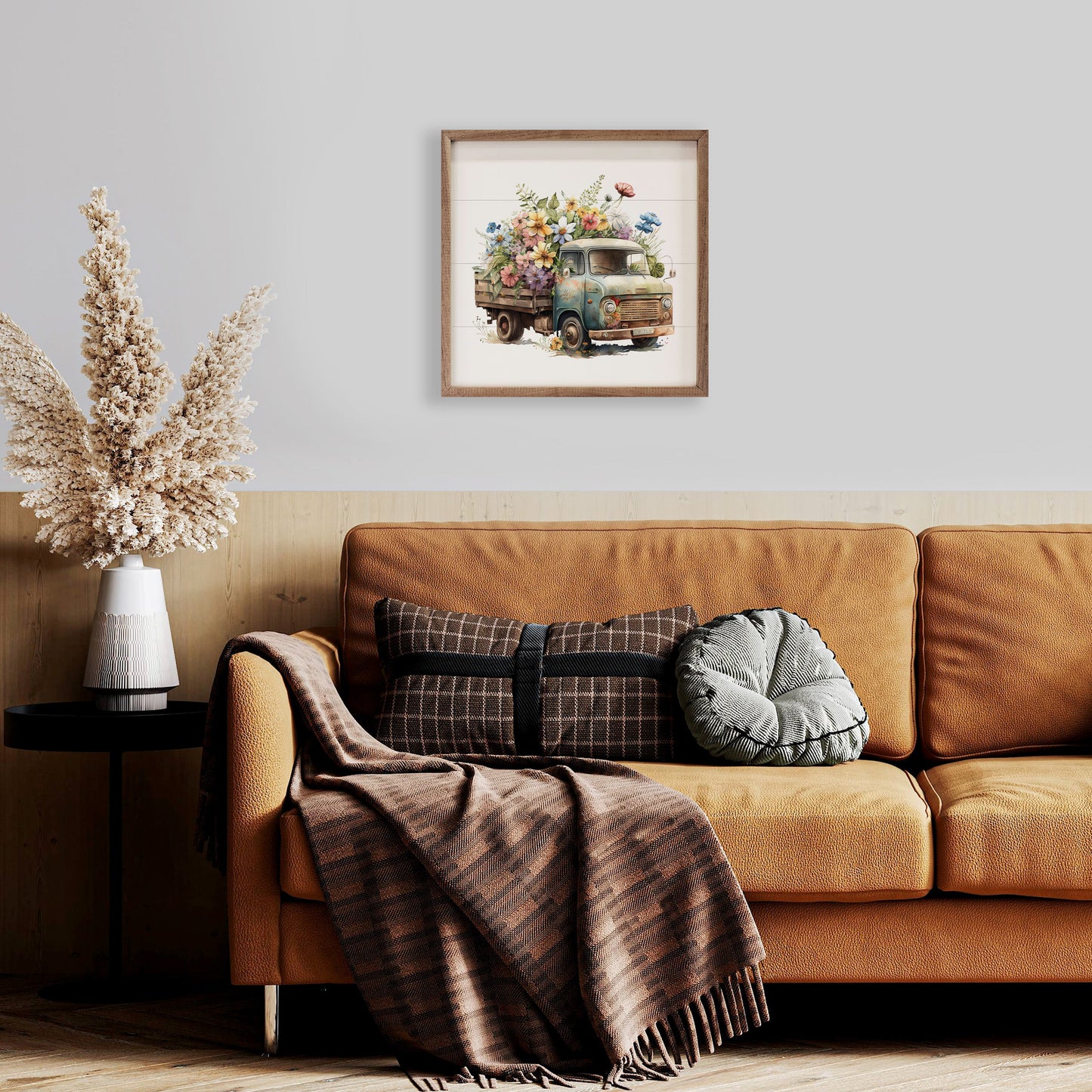 Rusty Green Truck With Flowers Front View