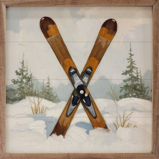 Skis in the Snowy Pines