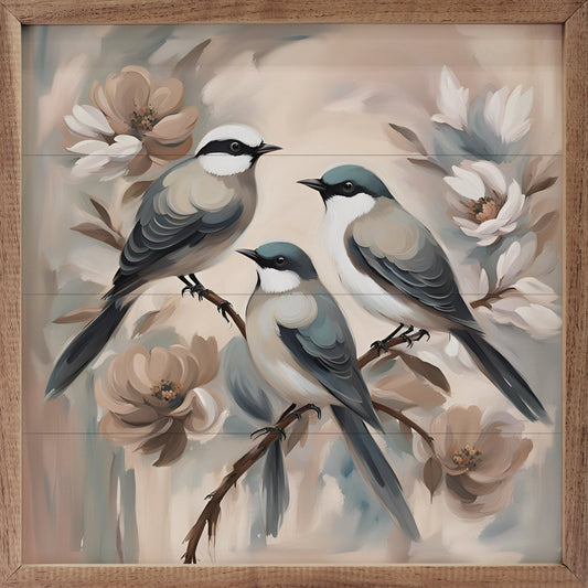 Three Birds On Floral Branch