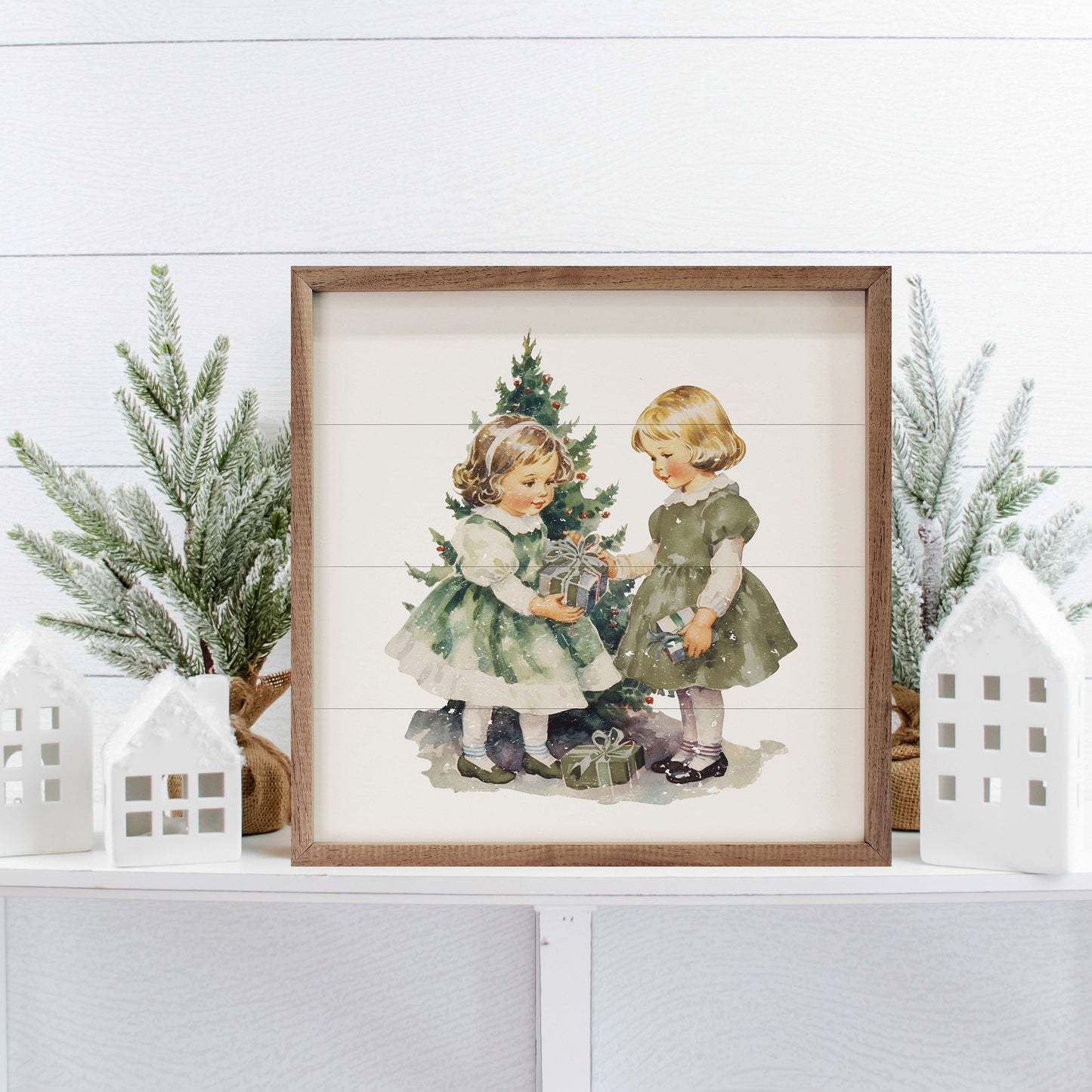 Vintage Girls Christmas With Large Tree