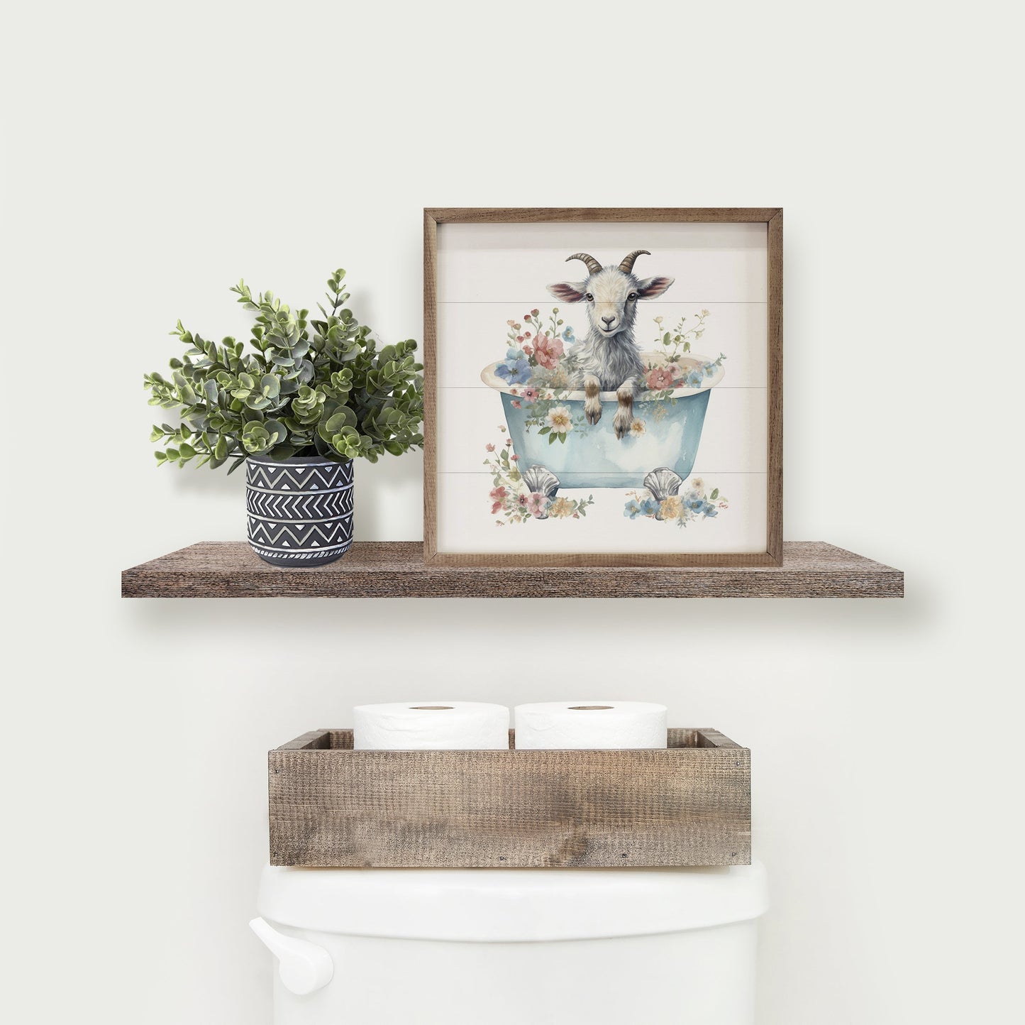 White Goat With Flowers Blue Tub White