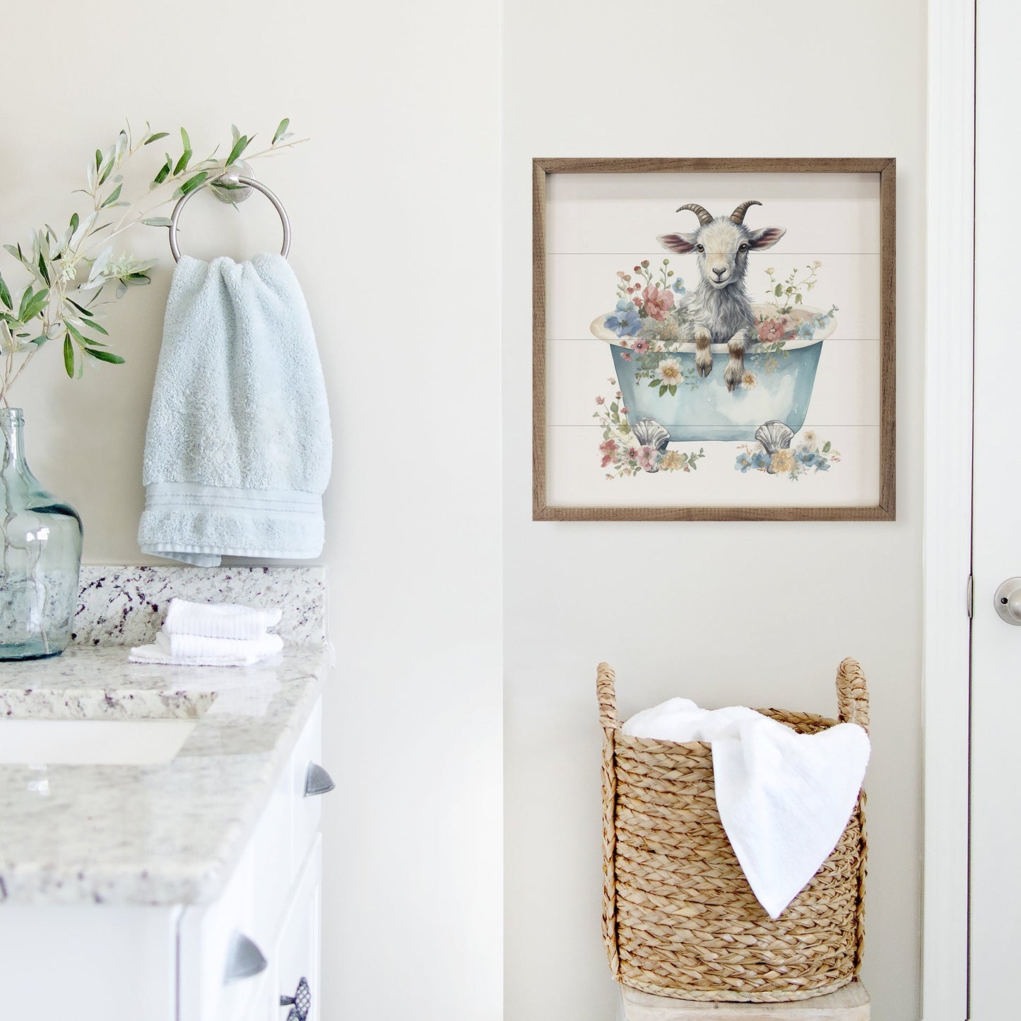 White Goat With Flowers Blue Tub White