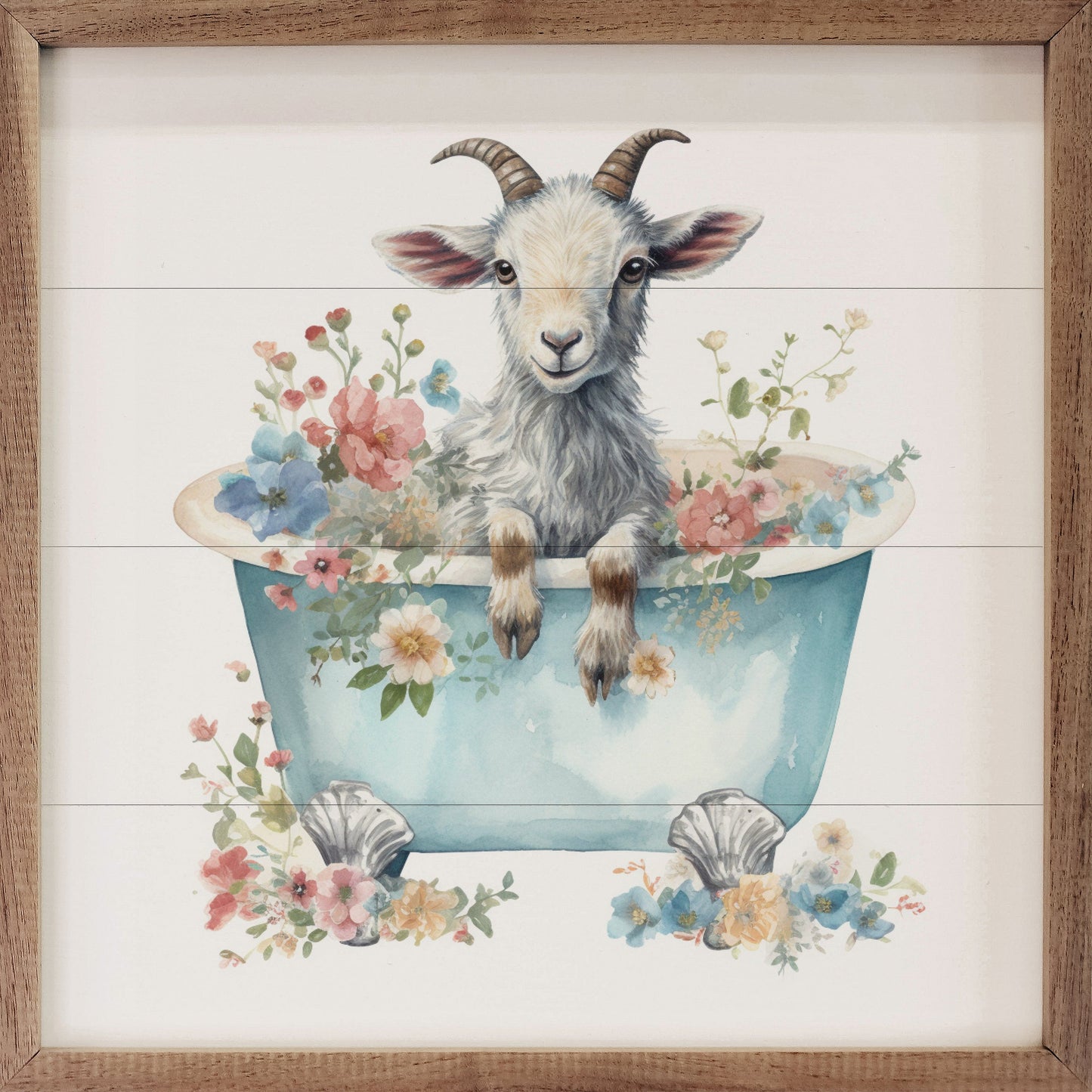 White Goat With Flowers Blue Tub White
