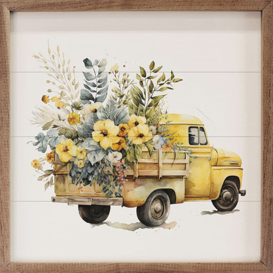 Yellow Truck With Flowers Back View