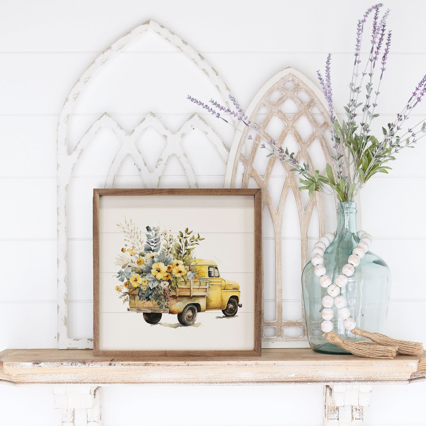 Yellow Truck With Flowers Back View