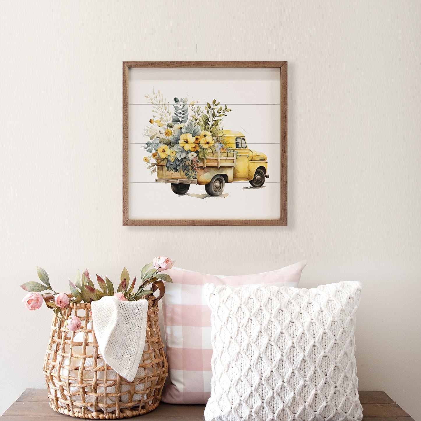 Yellow Truck With Flowers Back View