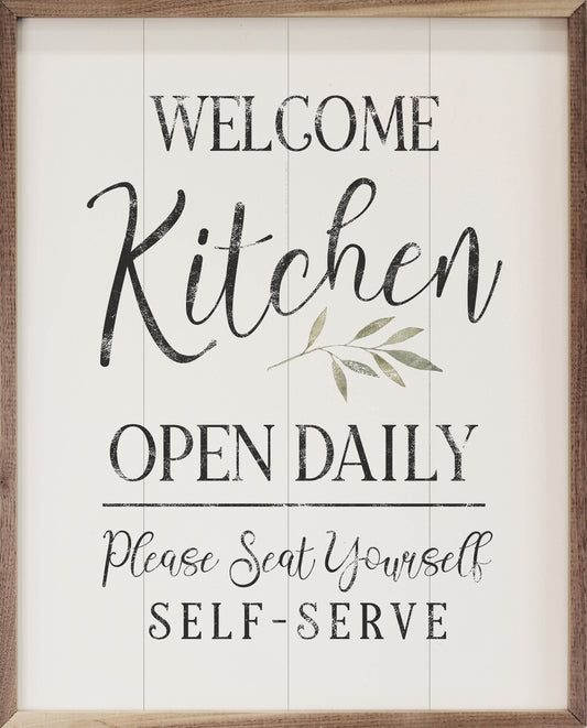 Welcome Kitchen Open Daily Greenery Whitewash