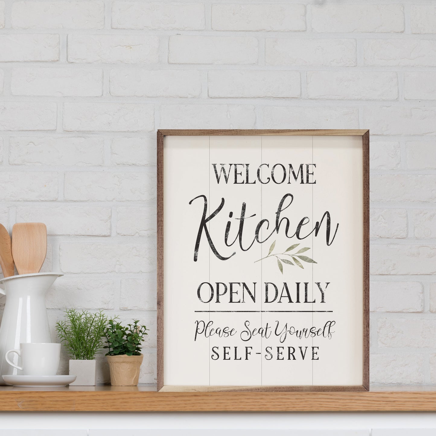 Welcome Kitchen Open Daily Greenery Whitewash