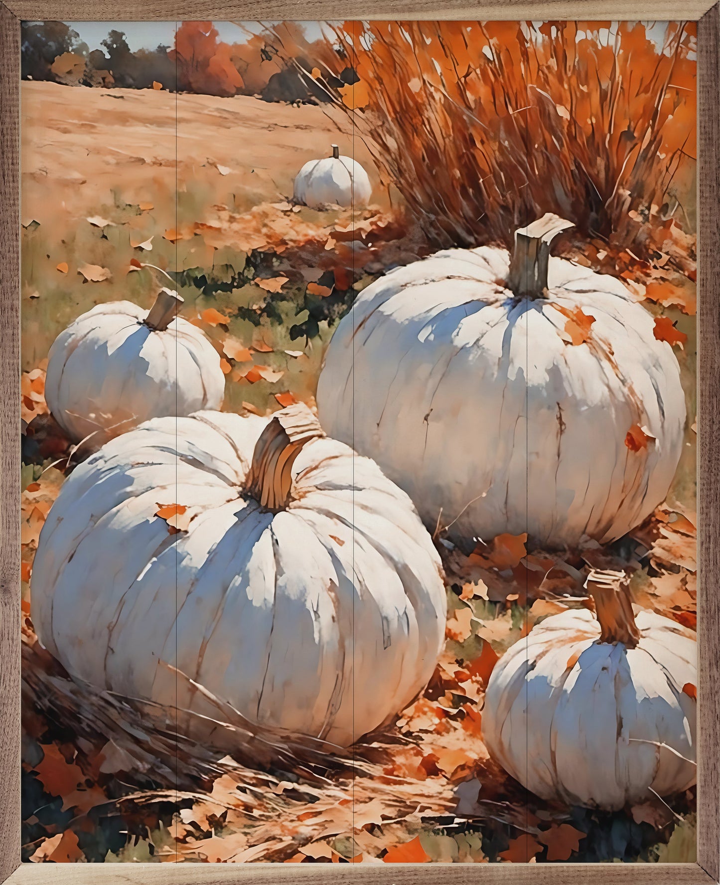 White Pumpkins On Leaves In Field