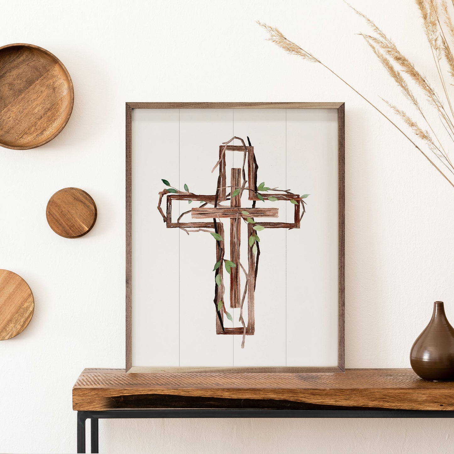 Wooden Cross Border With Greenery Vine