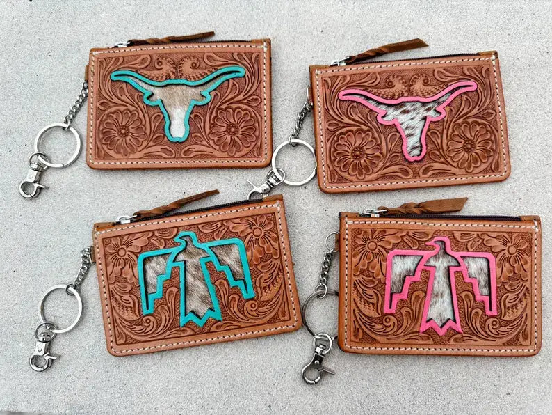Tan w/Turquoise/Pink Longhorn/Thunderbird Keychain Wallet