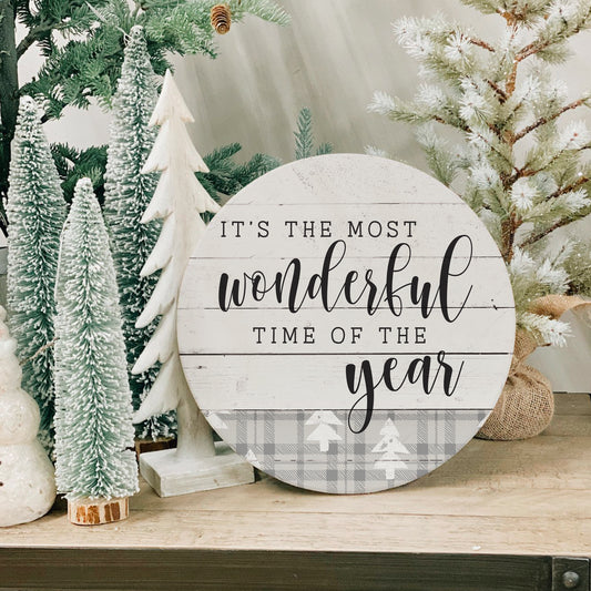 It's The Most Wonderful Time Of The Year Plaid Stripe Whitewash Circle image 0