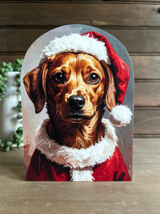 Dog in Santa Hat Wood Arch Shelf Sitter
