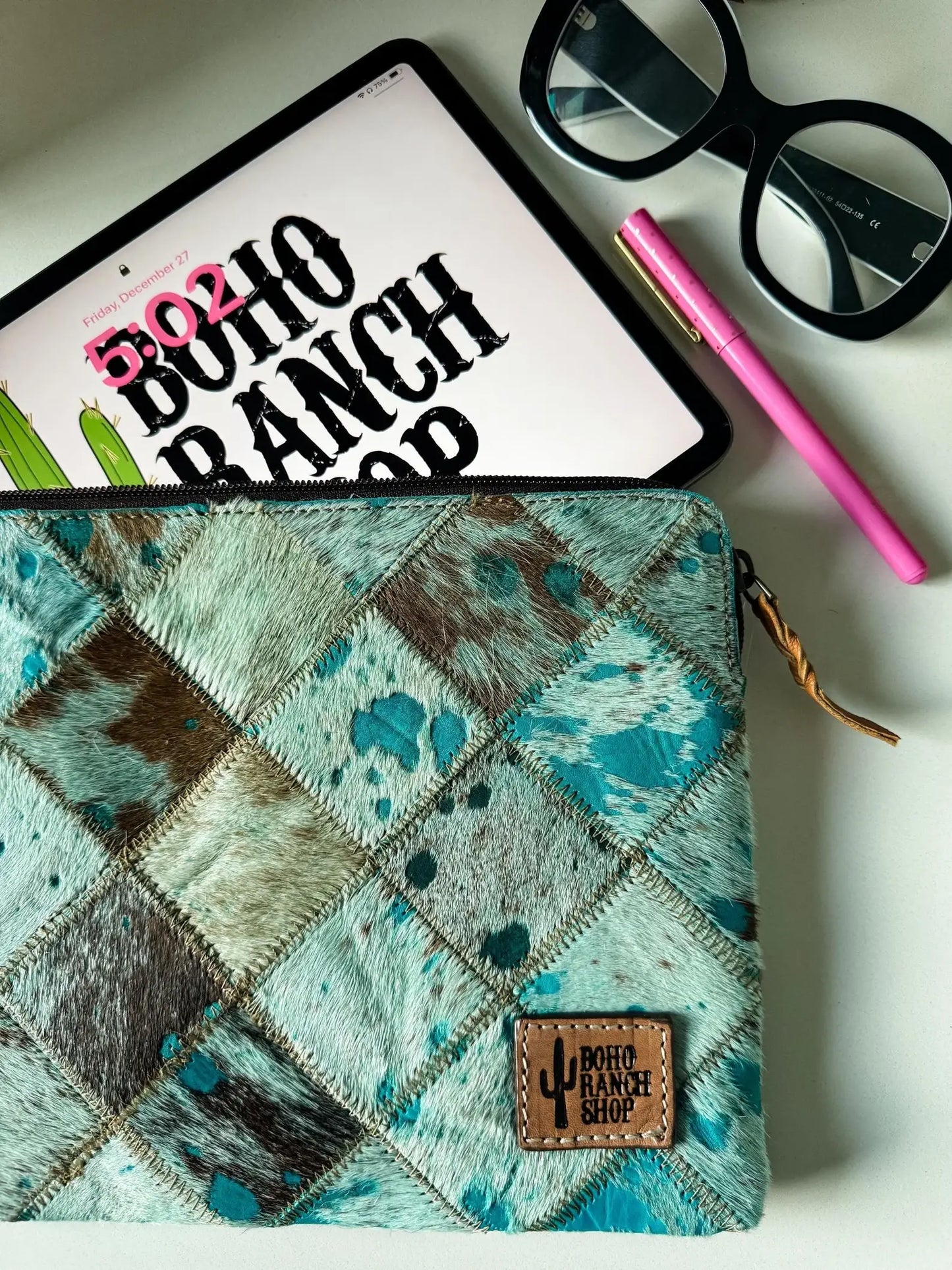 Cowhide Laptop Sleeve LARGE - PINK/SILVER