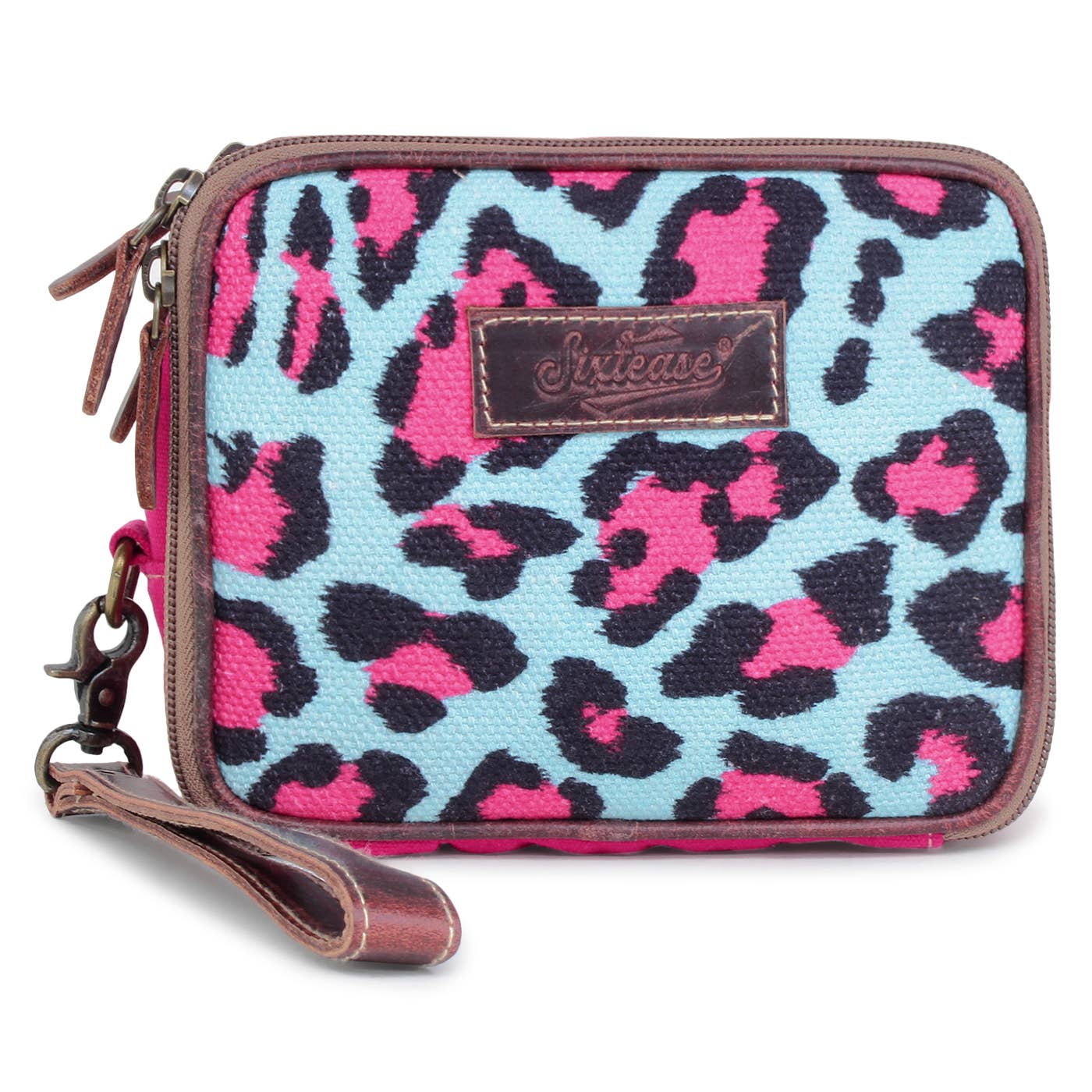 Pink Leopard Up-cycled Canvas & Genuine Leather Wristlet
