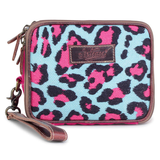 Pink Leopard Up-cycled Canvas & Genuine Leather Wristlet