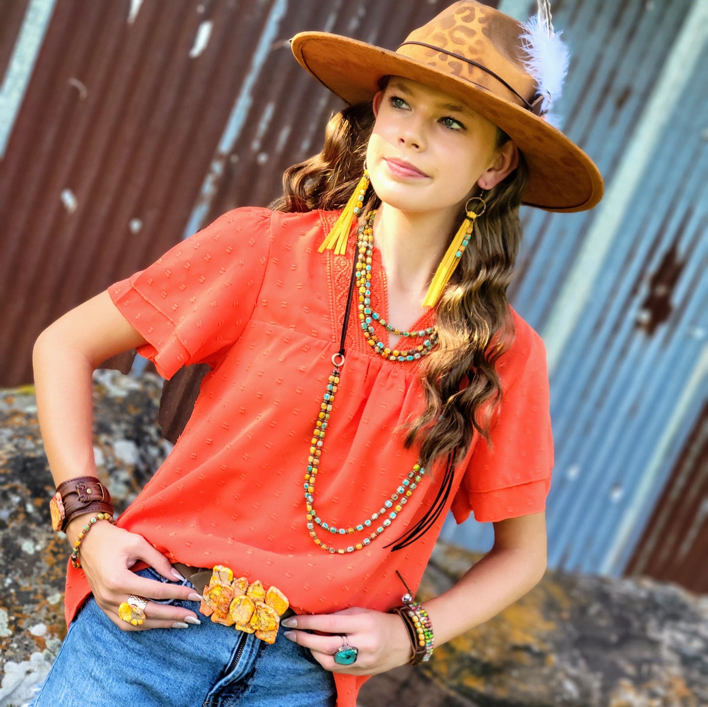 Triple Strand Layered Boho Sunrise Regalite Necklace 264o