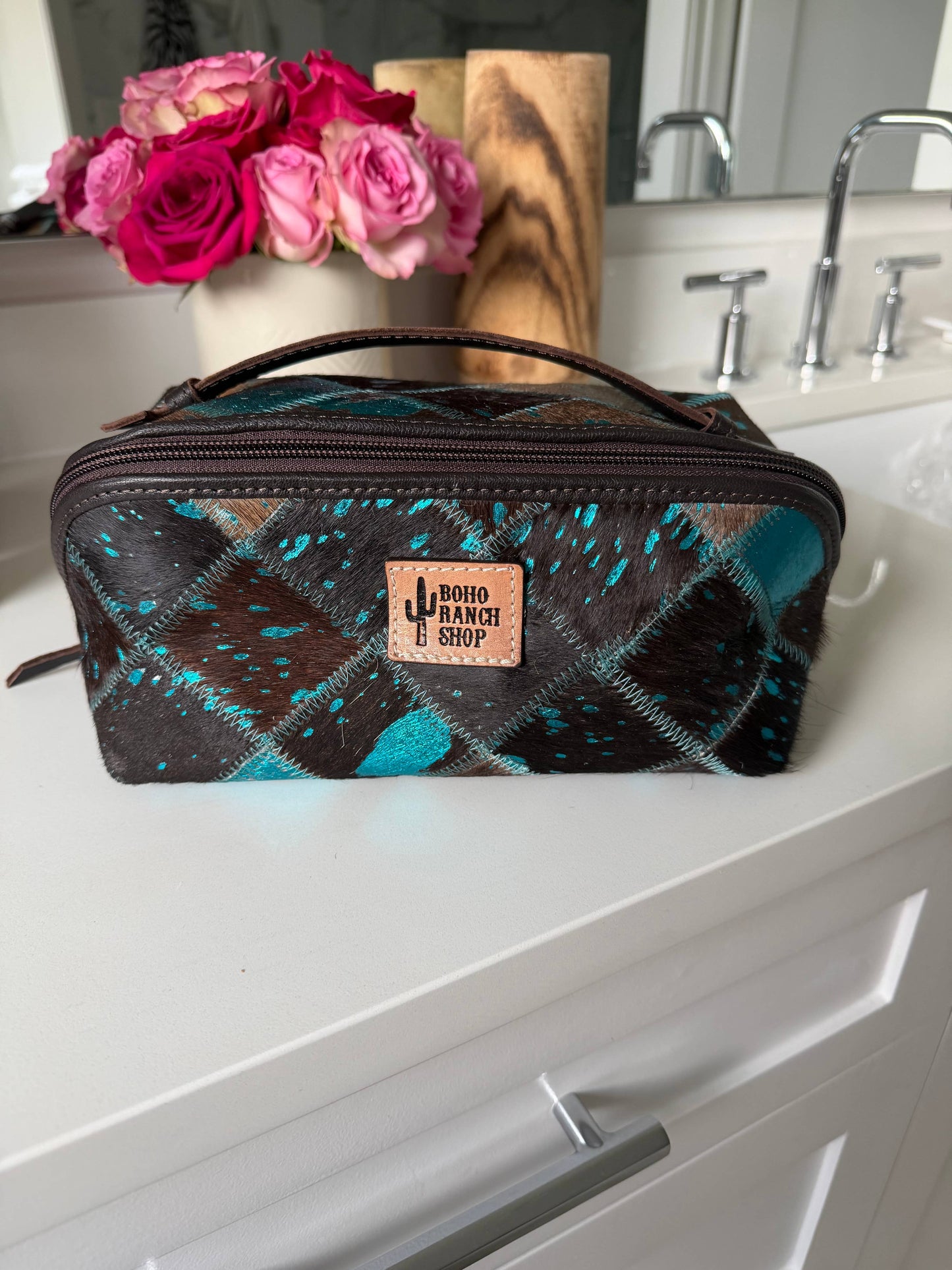 Ella Cowhide Leather Cosmetic Bag - Diagonal Opening