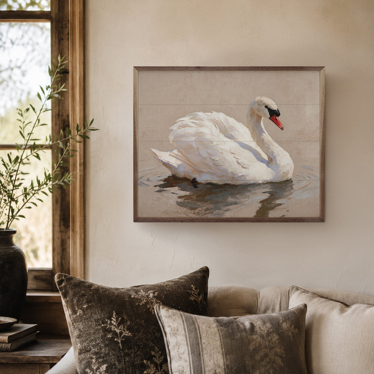 Elegant White Swan On Calm Water