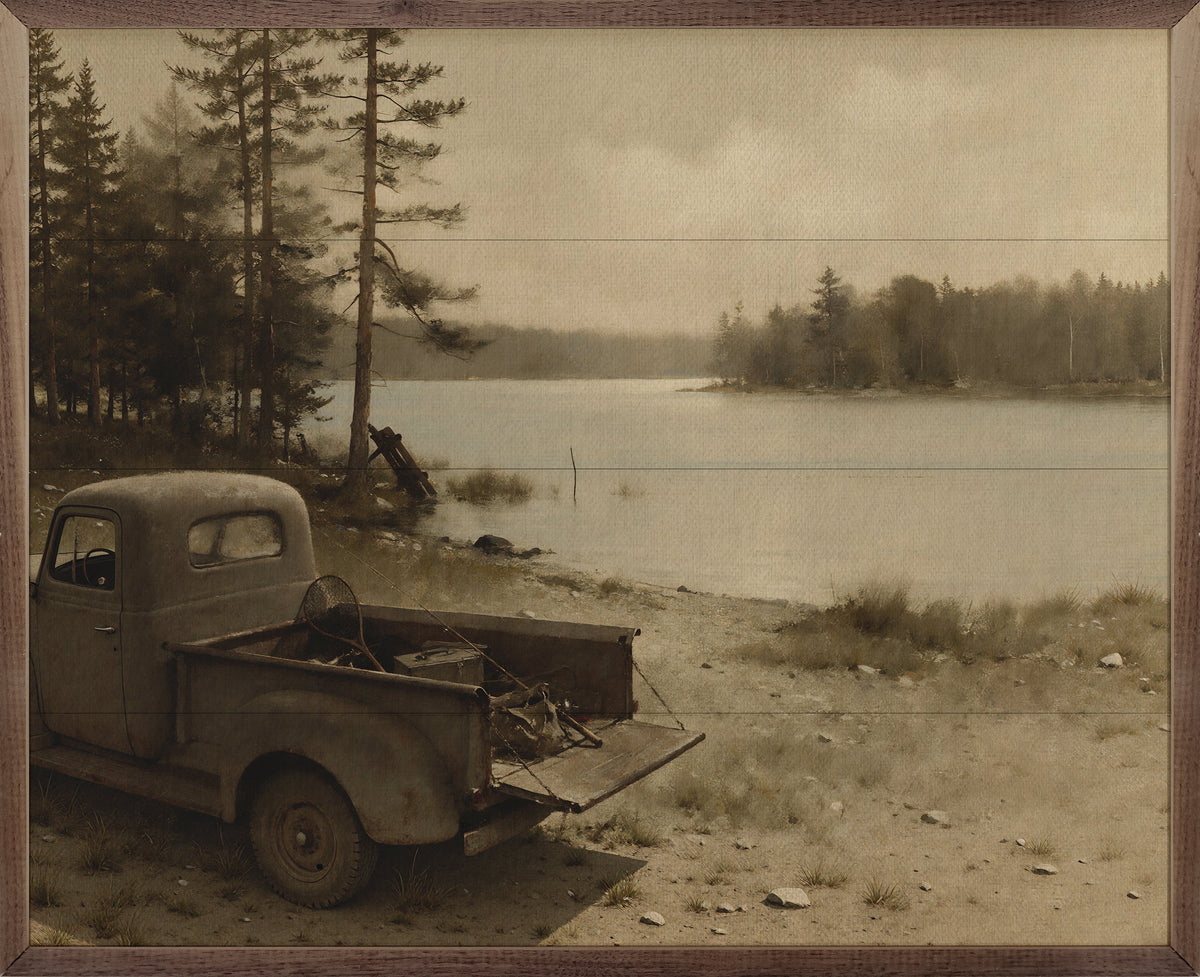 Vintage Truck Lakeside Fishing Scene