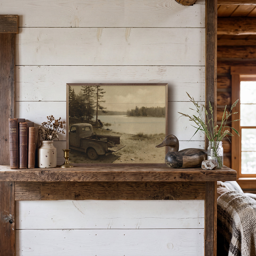 Vintage Truck Lakeside Fishing Scene