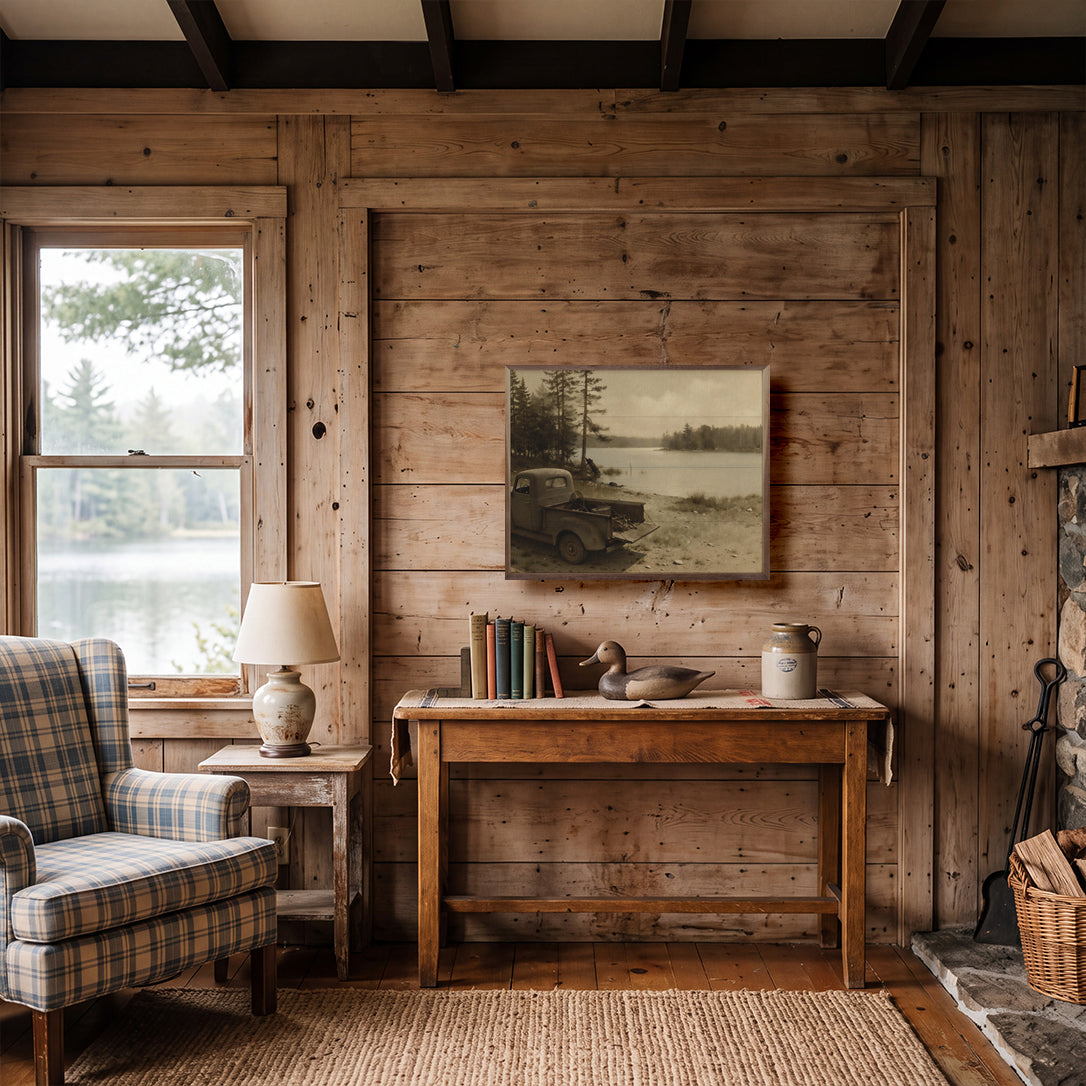 Vintage Truck Lakeside Fishing Scene