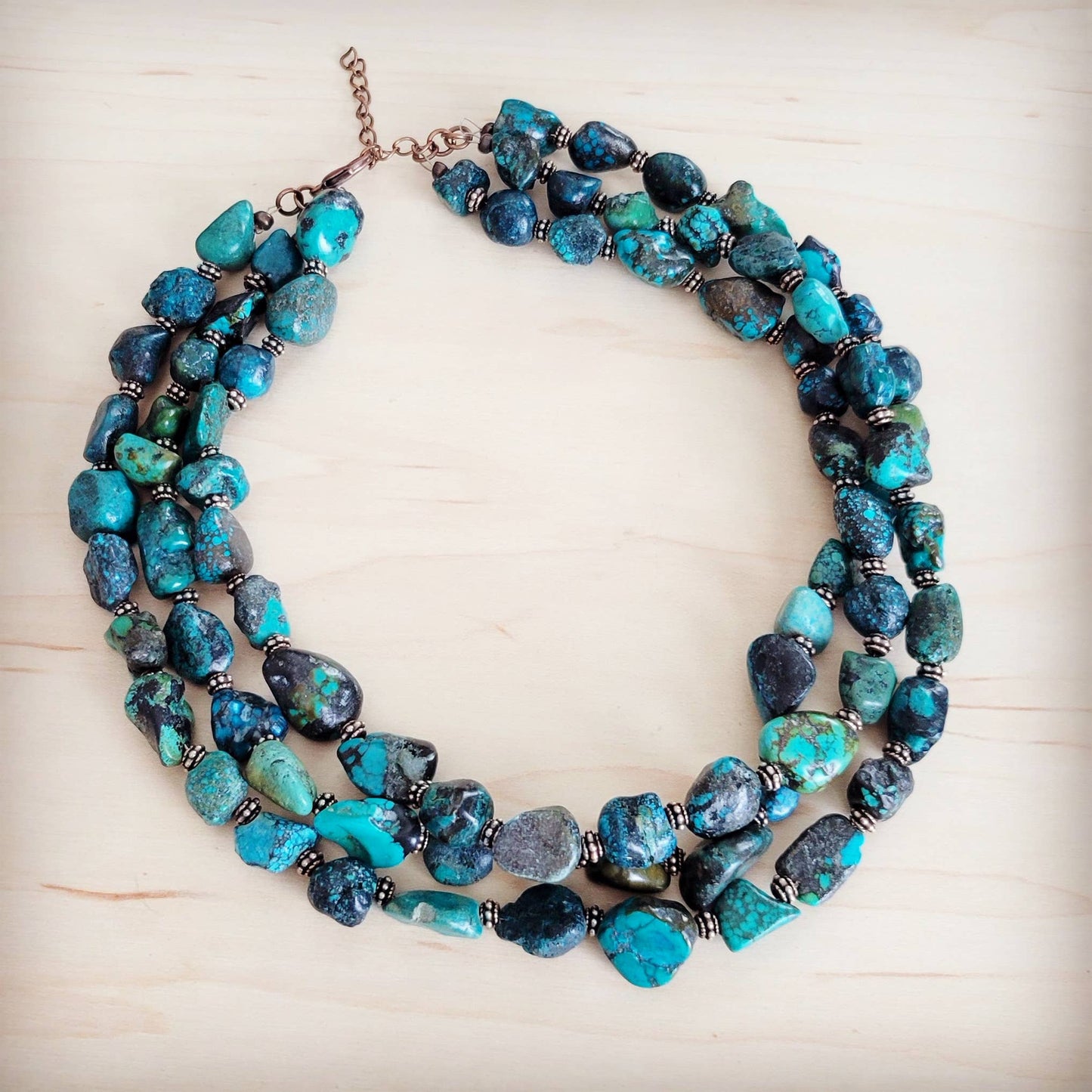Large Triple Strand Natural Turquoise & Copper Collar Necklace 252y