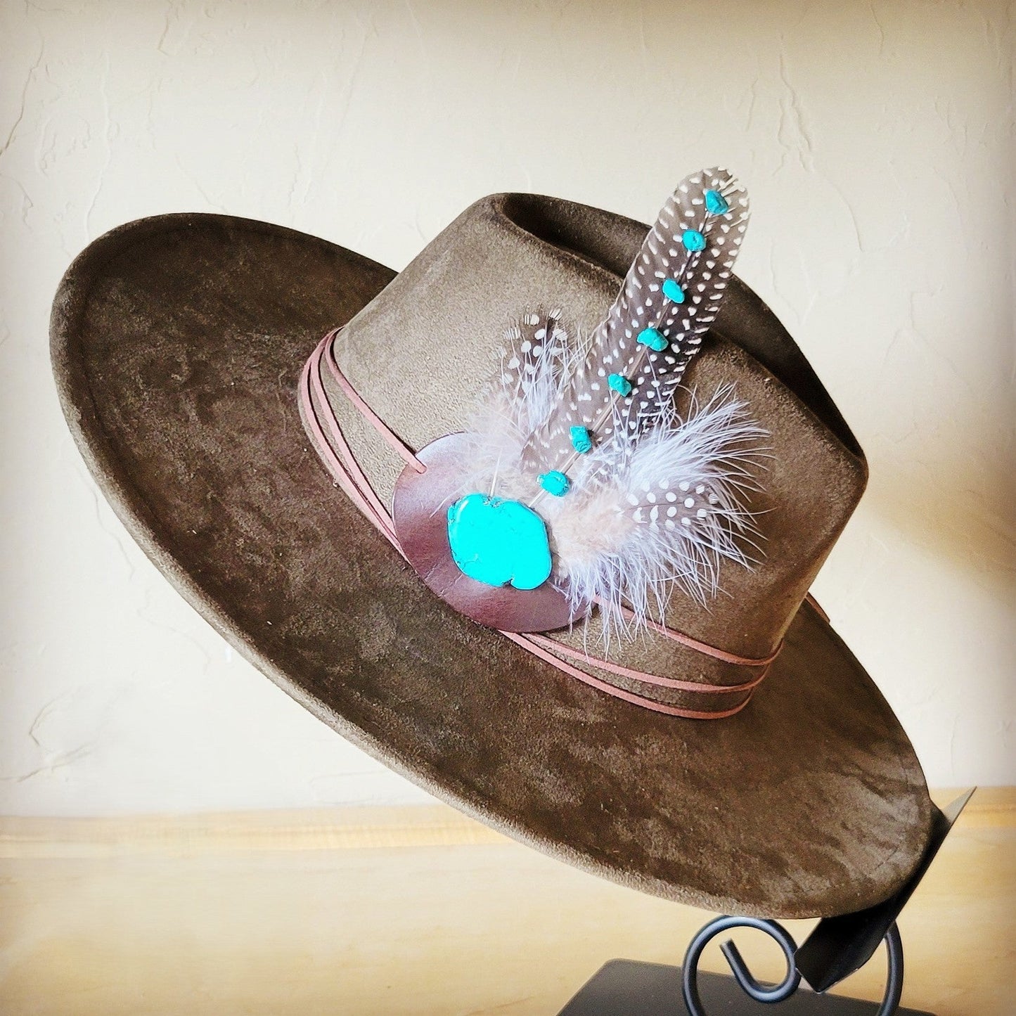 Turquoise Accent Guinea Feather Hat Band + Choice of Hat 986i