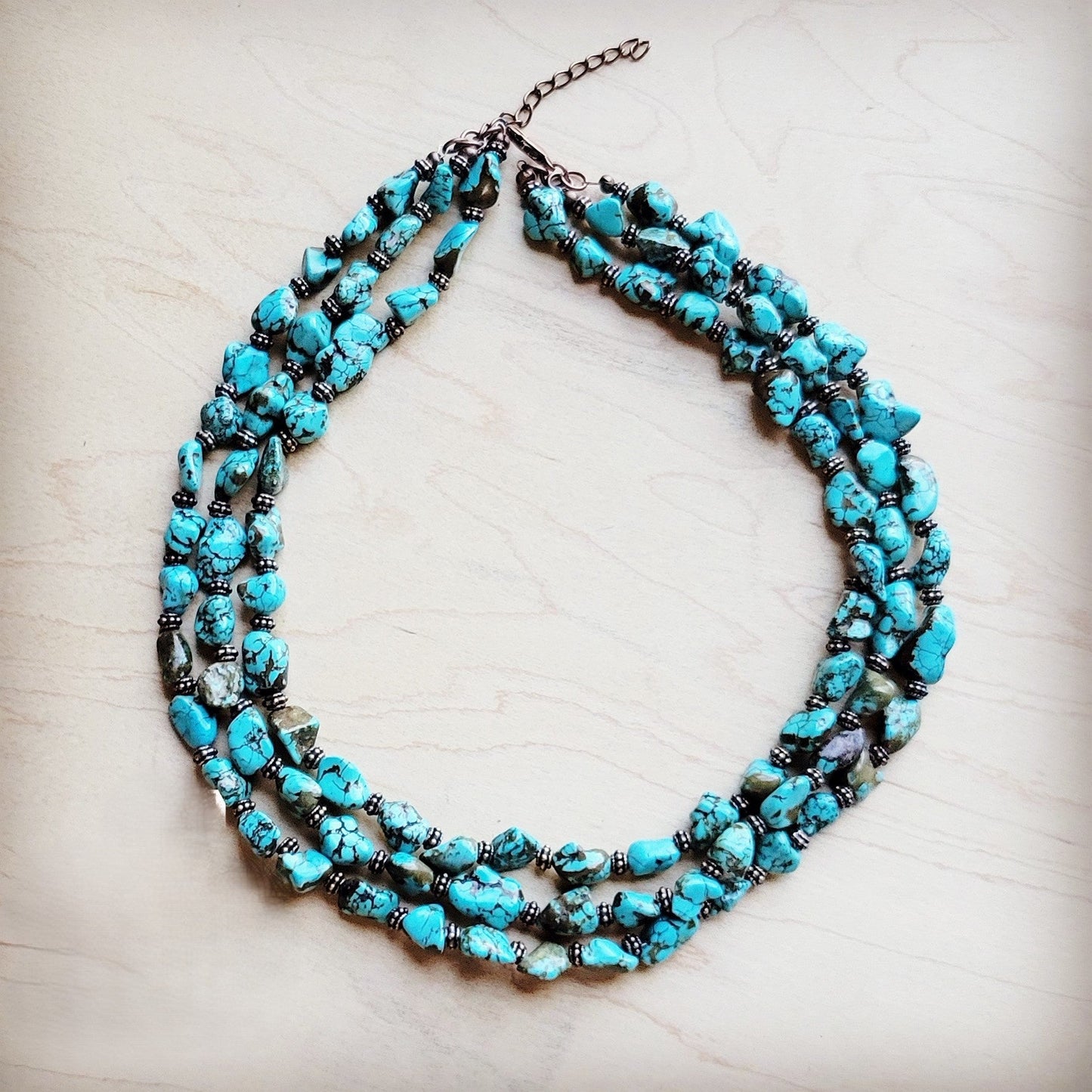 **Triple Strand Blue Turquoise & Copper Collar Necklace 259e