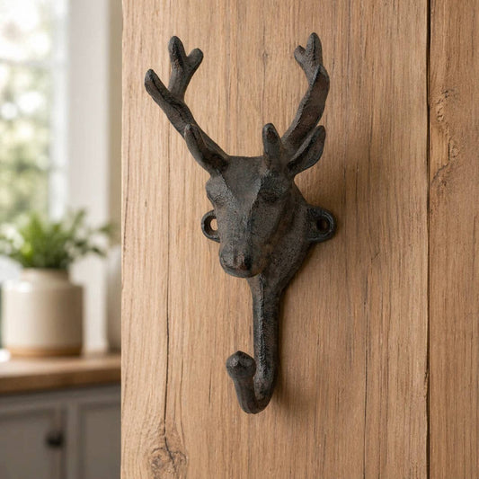Deer Head Wall Hook, Cast Iron Vintage Woodland for Coats or Hats, 6.4"