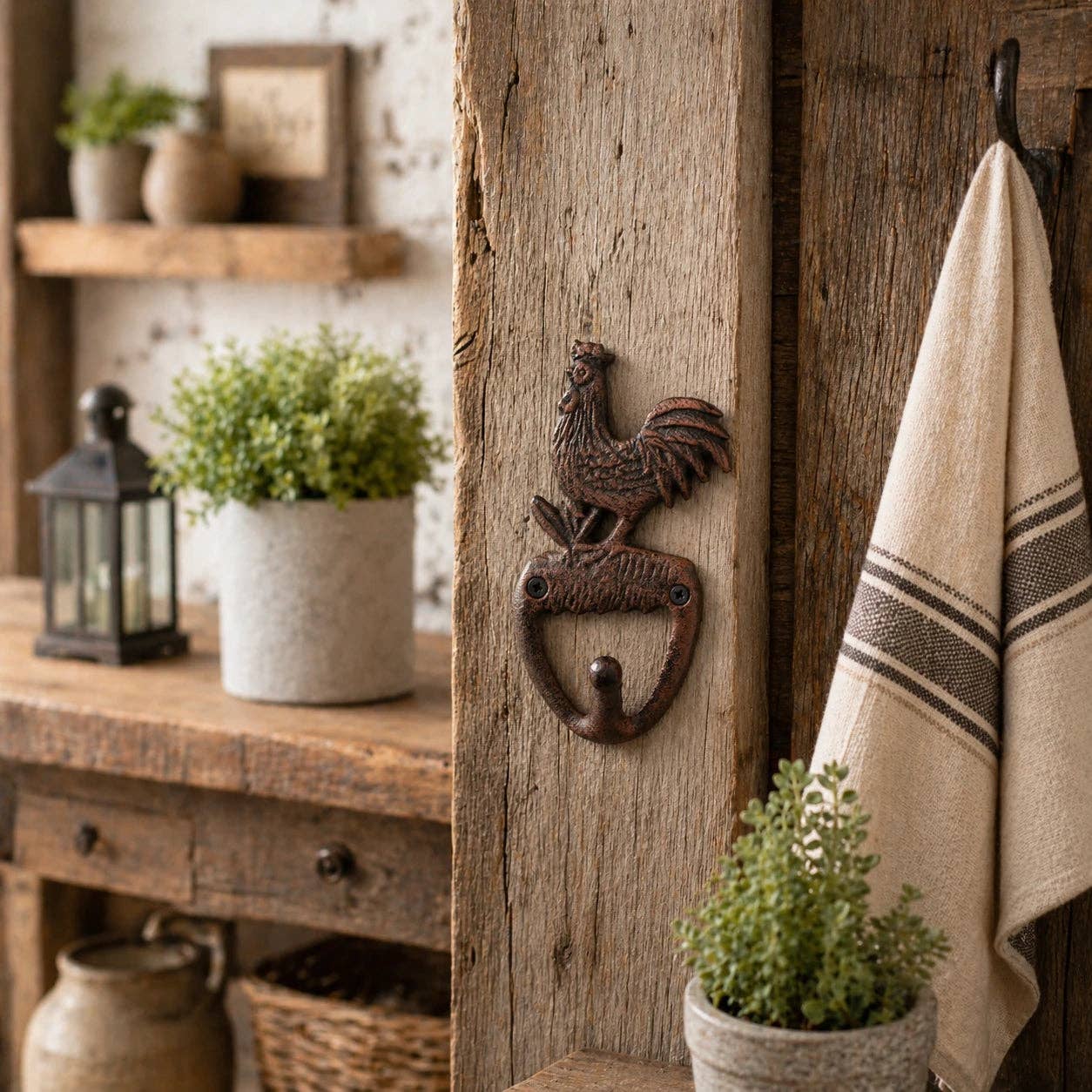 Rooster Wall Hook, Cast Iron Farmhouse Kitchen for Towels or Aprons, 5.8"