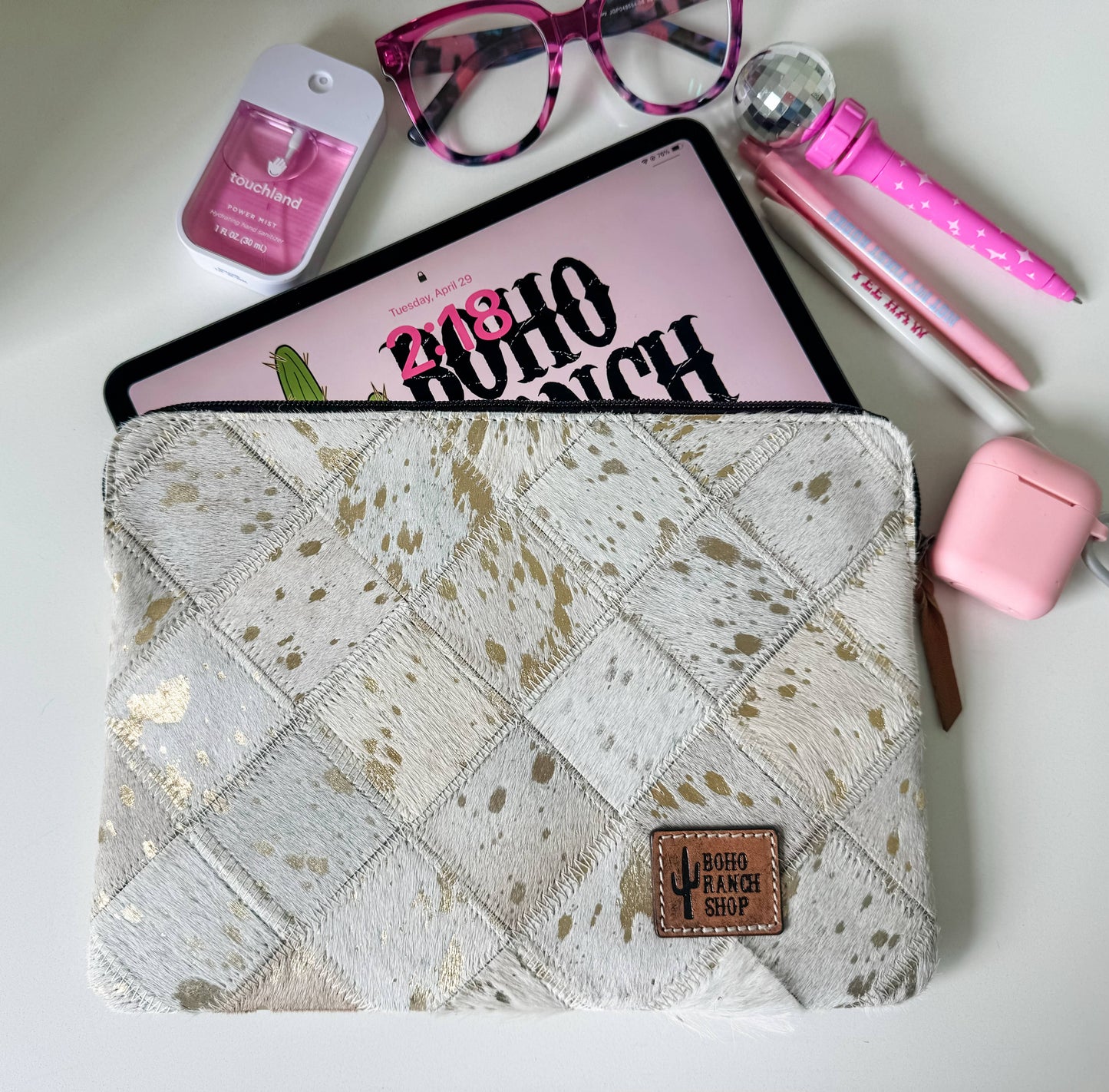 Cowhide Laptop Sleeve LARGE - PINK/SILVER