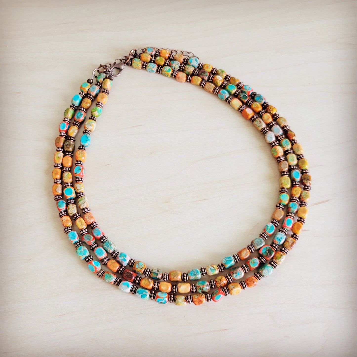 Triple Strand Layered Boho Sunrise Regalite Necklace 264o
