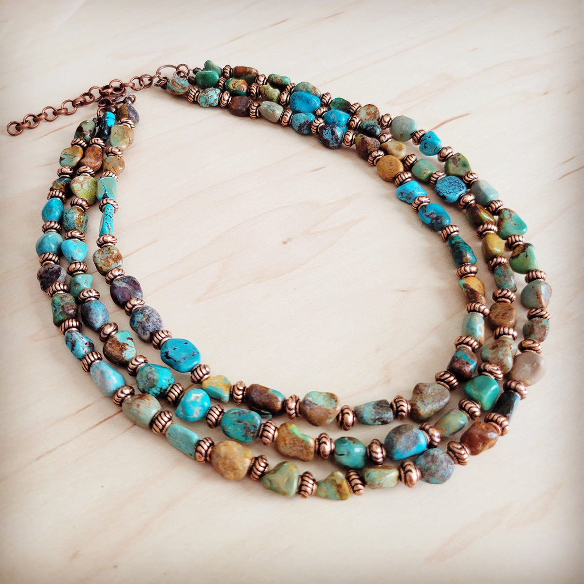 **Genuine HuBei Turquoise & Copper Triple Strand Necklace 259t