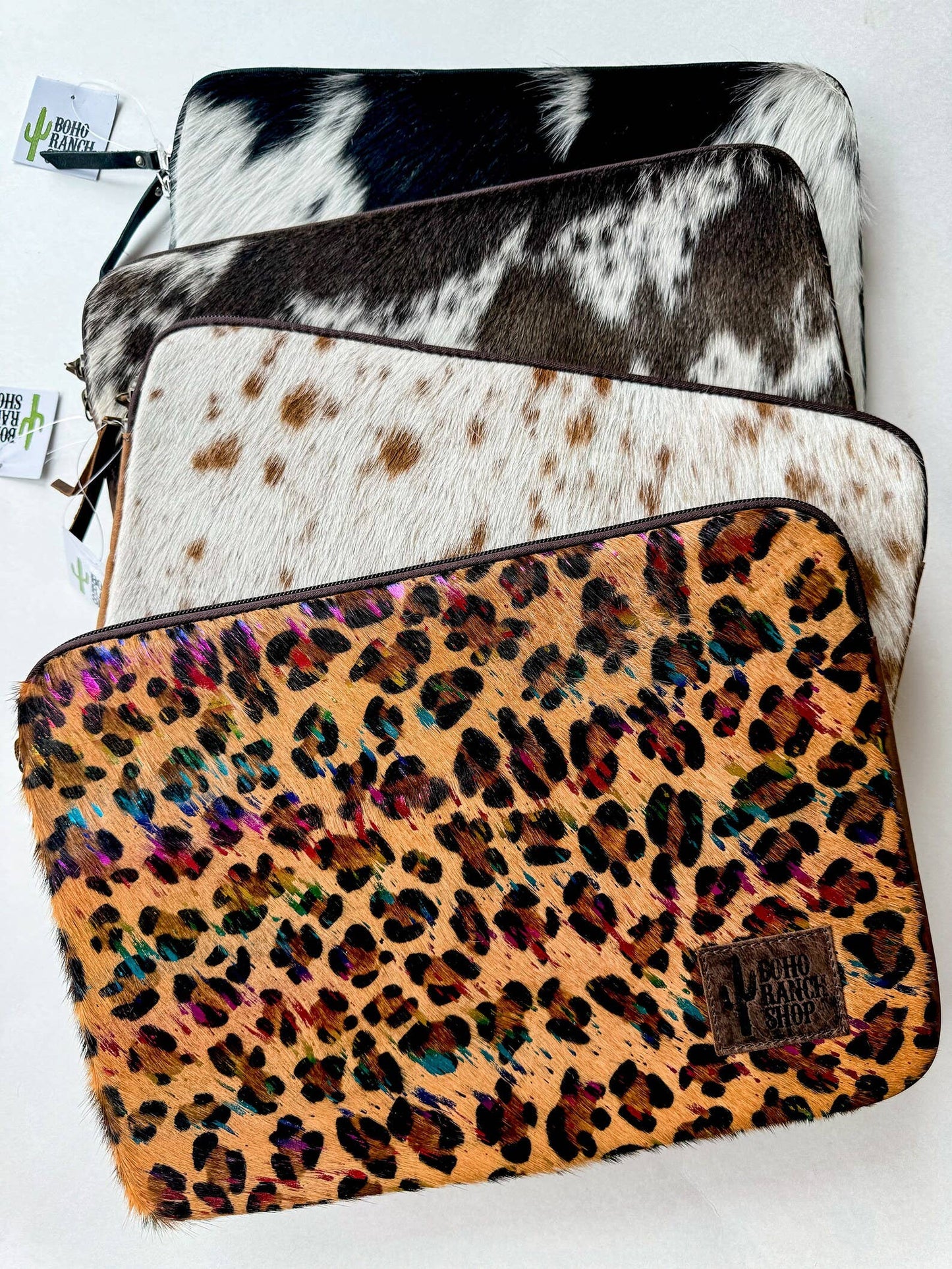 Cowhide Laptop Sleeve - Leather Back: LEOPARD + RAINBOW