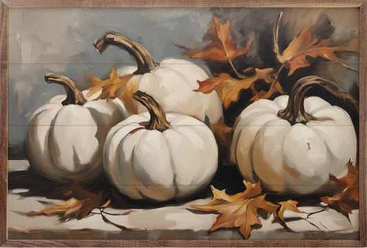 Four White Pumpkins With Leaves image 0