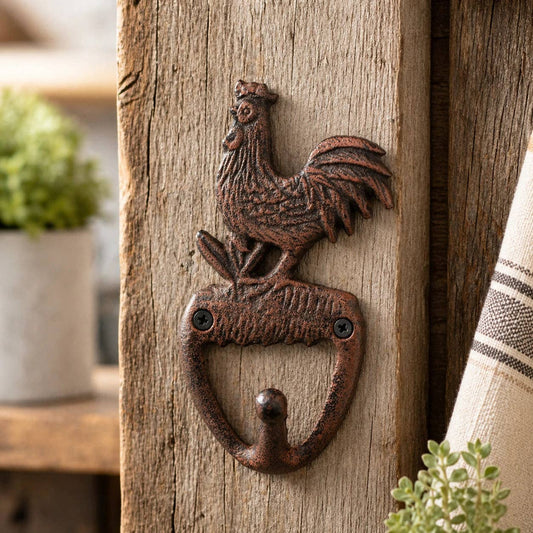 Rooster Wall Hook, Cast Iron Farmhouse Kitchen for Towels or Aprons, 5.8"