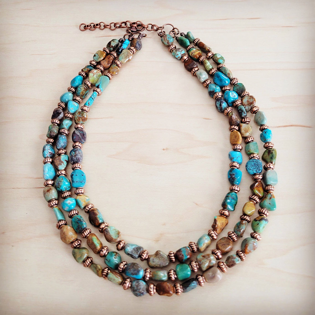 **Genuine HuBei Turquoise & Copper Triple Strand Necklace 259t