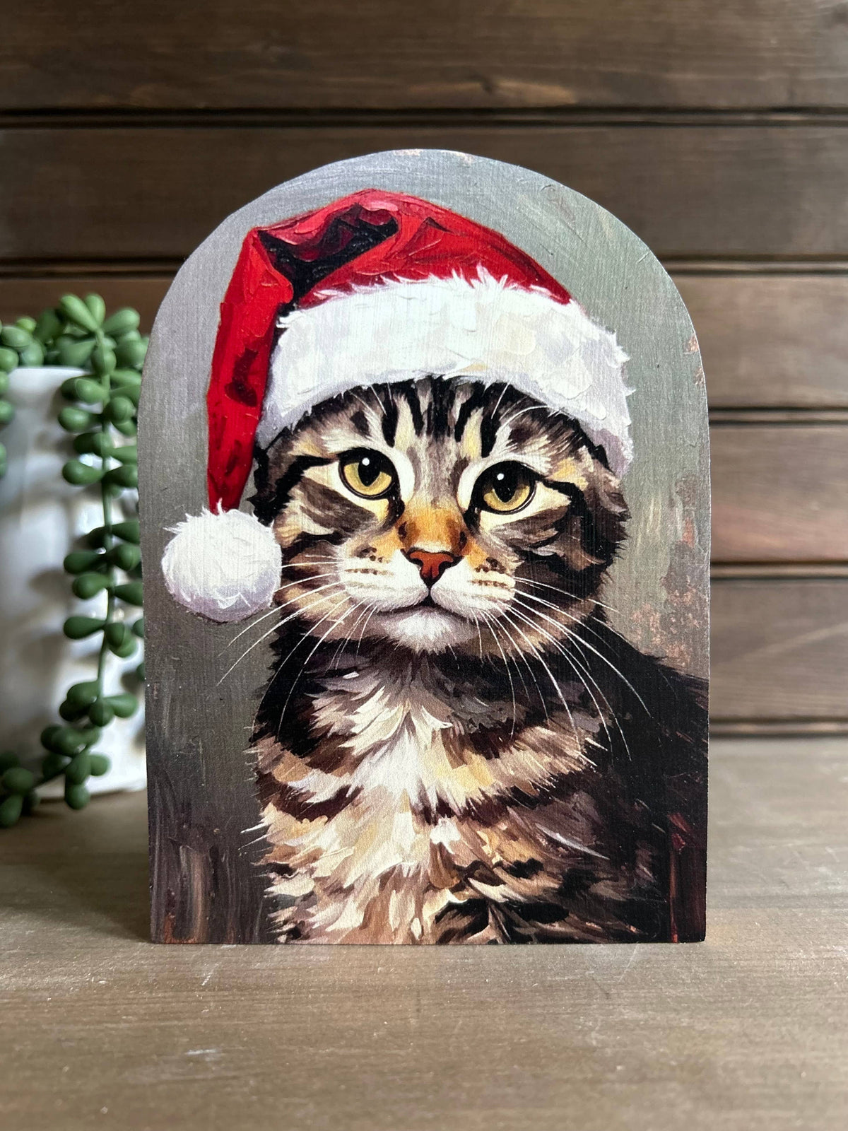 Cat in Santa Hat Wood Arch Shelf Sitter