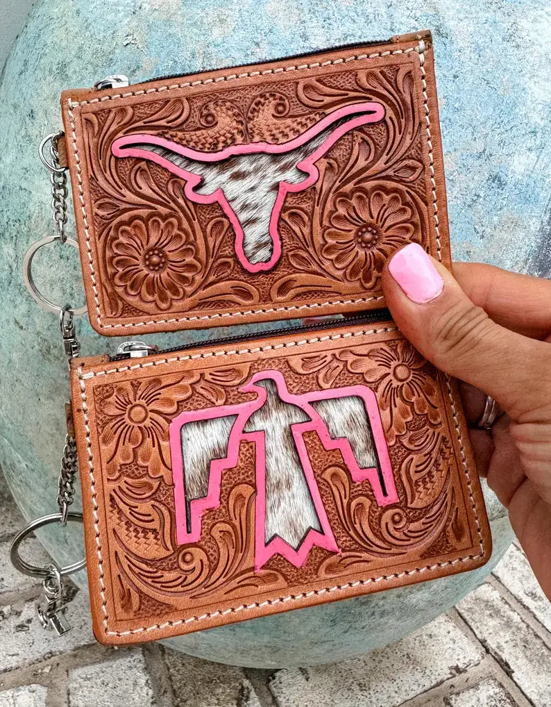 Tan w/Turquoise/Pink Longhorn/Thunderbird Keychain Wallet