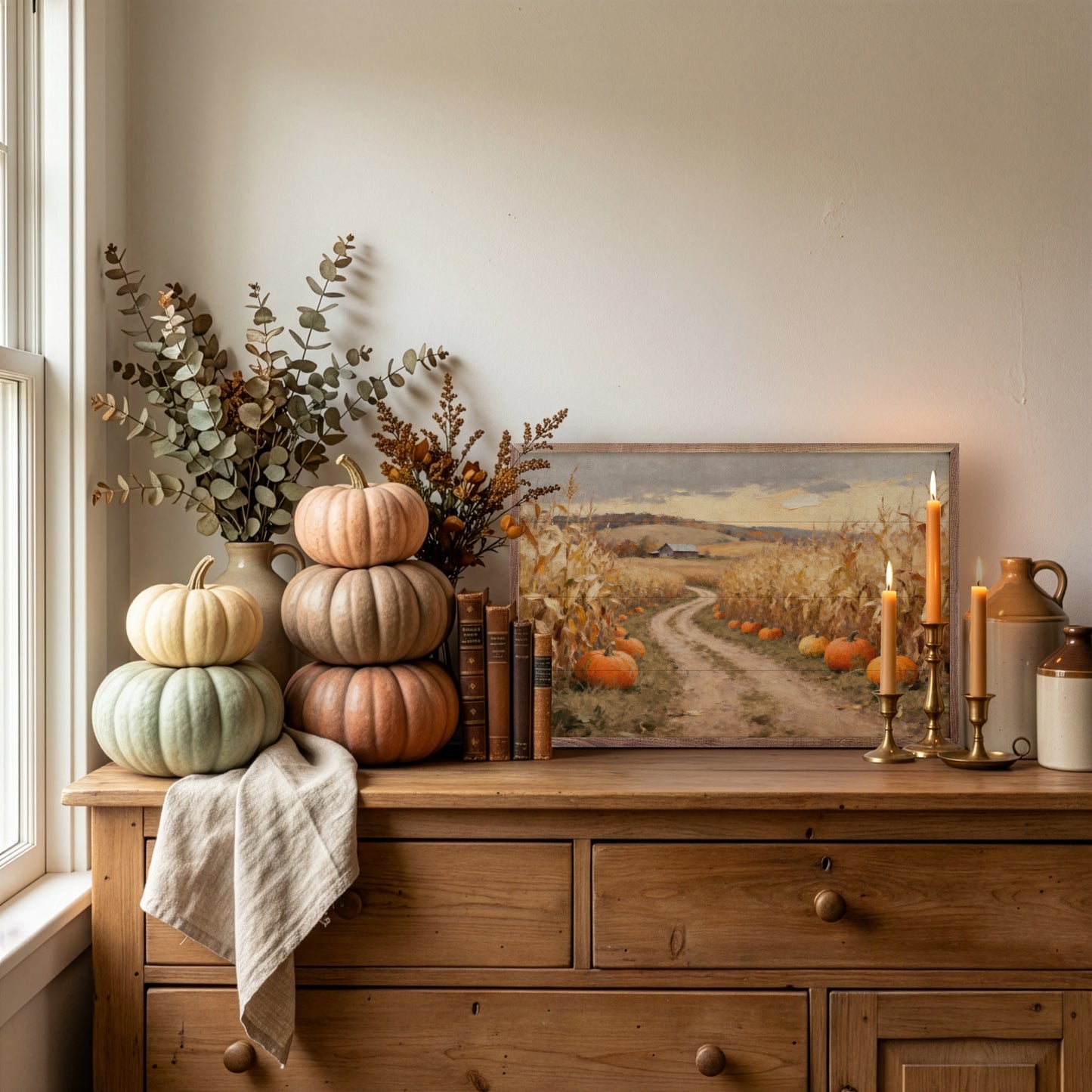 Corn Field Lane With Pumpkins