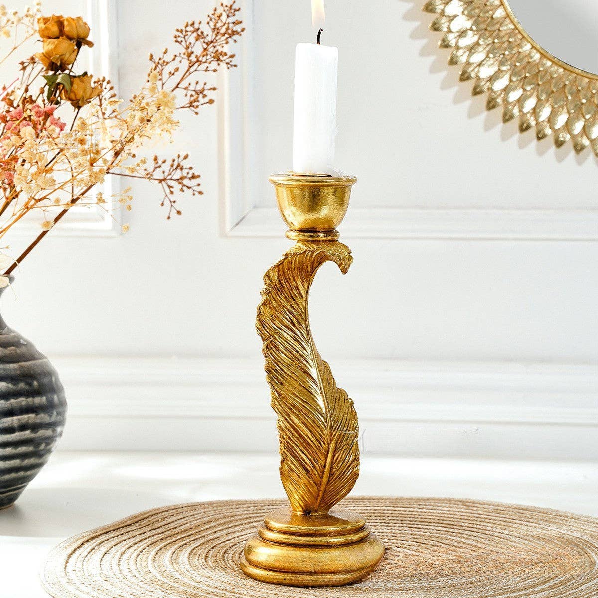 Decorative Feather Candle Holder: Silver Finish